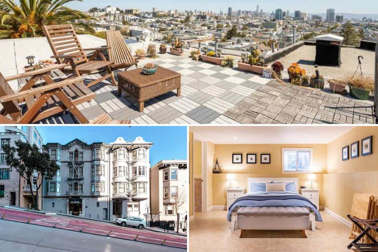 A collage of three photos of hotels to stay in the best apartments in San Francisco: illustrating an ultra-modern building with sleek design, a cozy bedroom with bright natural light and wooden floors, and a colorful, inviting living room with red walls and eclectic decor