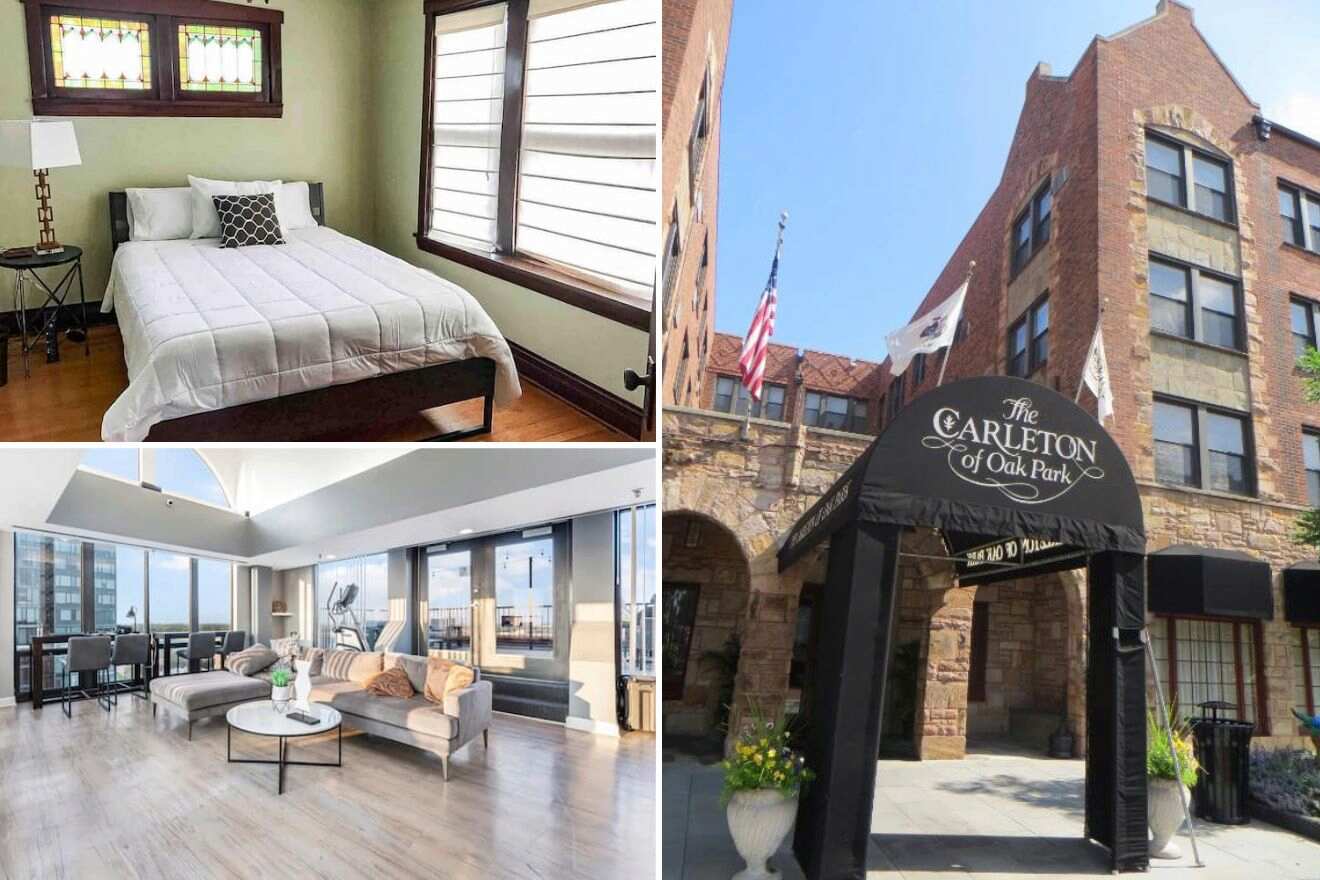 A collage of three photos of hotels to stay in Oak Park, Chicago: a bedroom with simple décor and large windows, a spacious and modern penthouse living room with city views, and the traditional brick exterior of The Carleton hotel with its welcoming entrance canopy