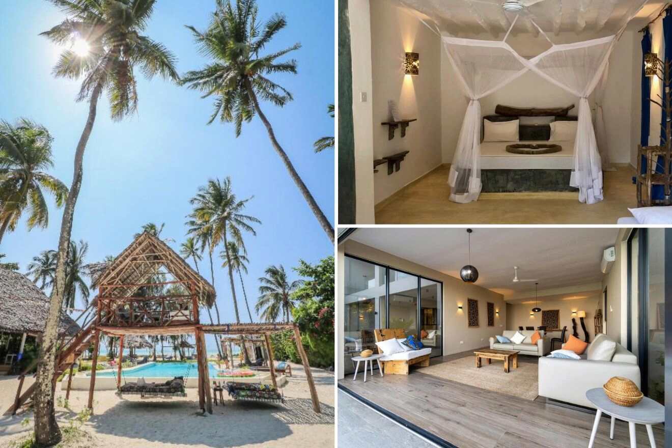 A collage of three photos of hotels to stay in Jambiani, Zanzibar: outdoor pool and hammocks around it, hotel bedroom, and in-room living room