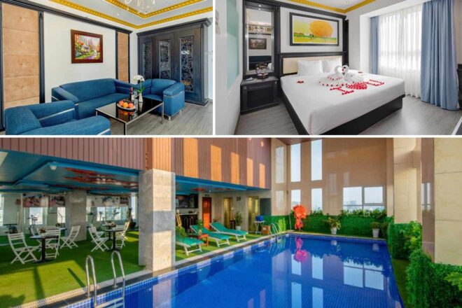A collage of three photos in City Center Da-Nang: blue living room set, a bed with romantic petal arrangement, and a cozy poolside dining area
