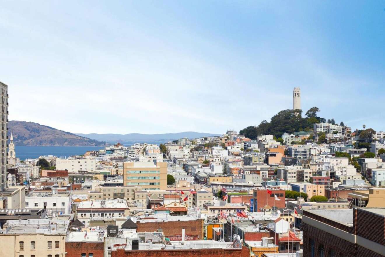 A sweeping view of San Francisco's urban landscape from Nob Hill, with Coit Tower standing tall in the distance and the bay peeking through the buildings.