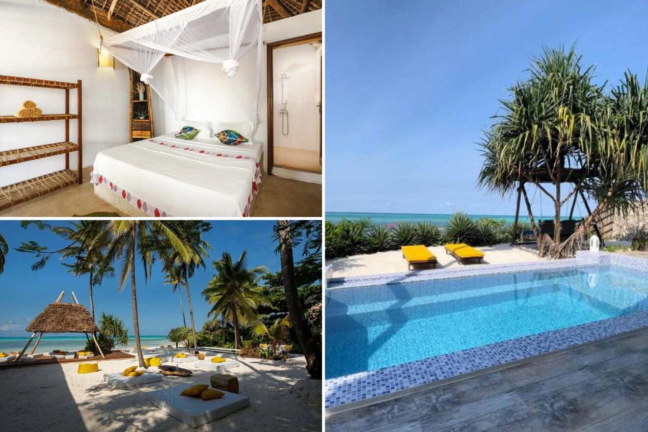 A collage of three photos of hotels to stay in Pingwe, Zanzibar: hotel bedroom outdoor lounge area on the beach, and outdoor pool