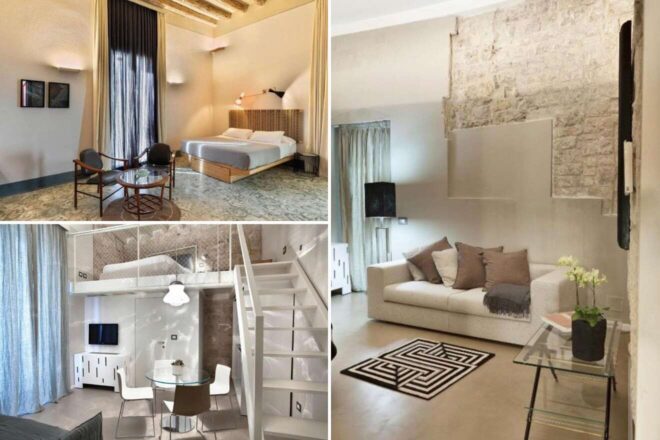 A collage of three pictures of Bari 102: a spacious room with a wooden bed and seating area, an exposed brick feature in a comfortable living space with a beige sofa, and a loft-style apartment with a glass dining table and white stairs leading to an upper level