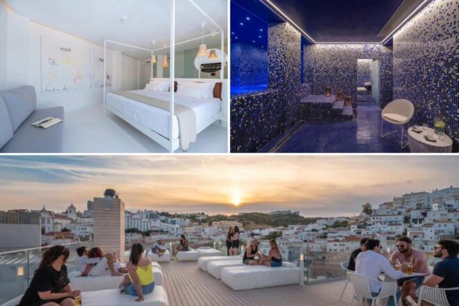 A collage of three photos of hotels to stay in Algarve: a minimalist hotel bedroom with a crisp white aesthetic and creative wall art expressing, an atmospheric spa area clad in blue mosaic tiles, and a rooftop gathering spot at dusk, where guests are enjoying the panoramic views of a quaint Algarvian town as the sun sets