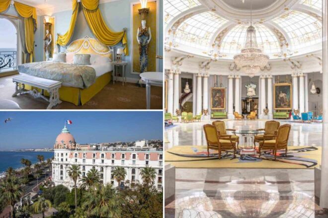 A collage of three pictures of Hotel Negresco: a luxurious bedroom with golden drapes and baroque elements, a magnificent white and gold lobby with a grand chandelier, and the iconic hotel exterior with its Belle Époque architecture against a clear blue sky
