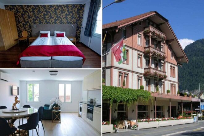 A collage of three hotel photos to stay in Interlaken: a bedroom with bold red accents and patterned wallpaper, a bright apartment-style living space with modern furnishings, and the exterior of a charming hotel adorned with greenery and blooming flowers