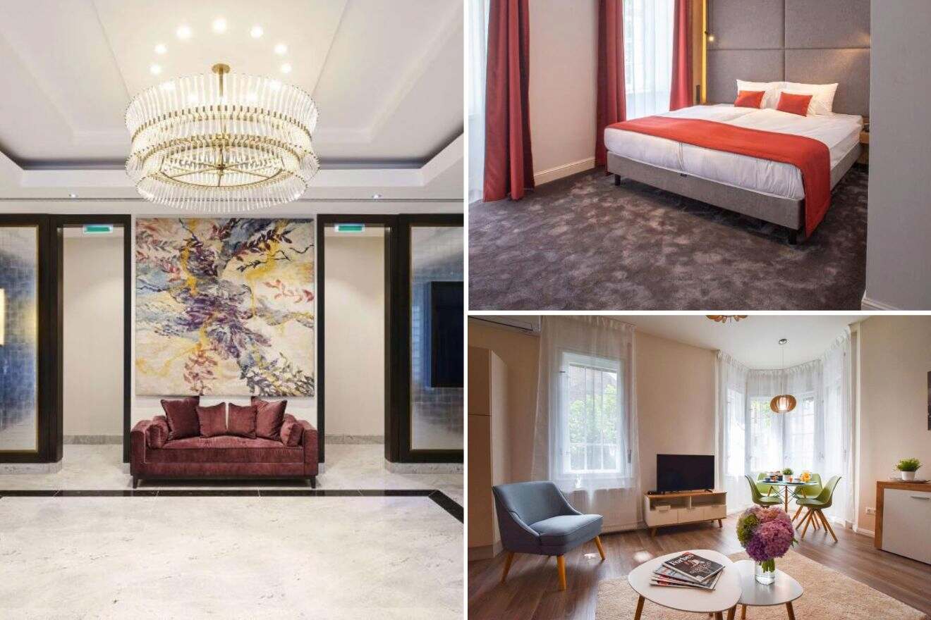 A collage of three photos of hotels to stay in Budavar District I Budapest: hotel lounge area, hotel bedroom, and apartment living room with dining area