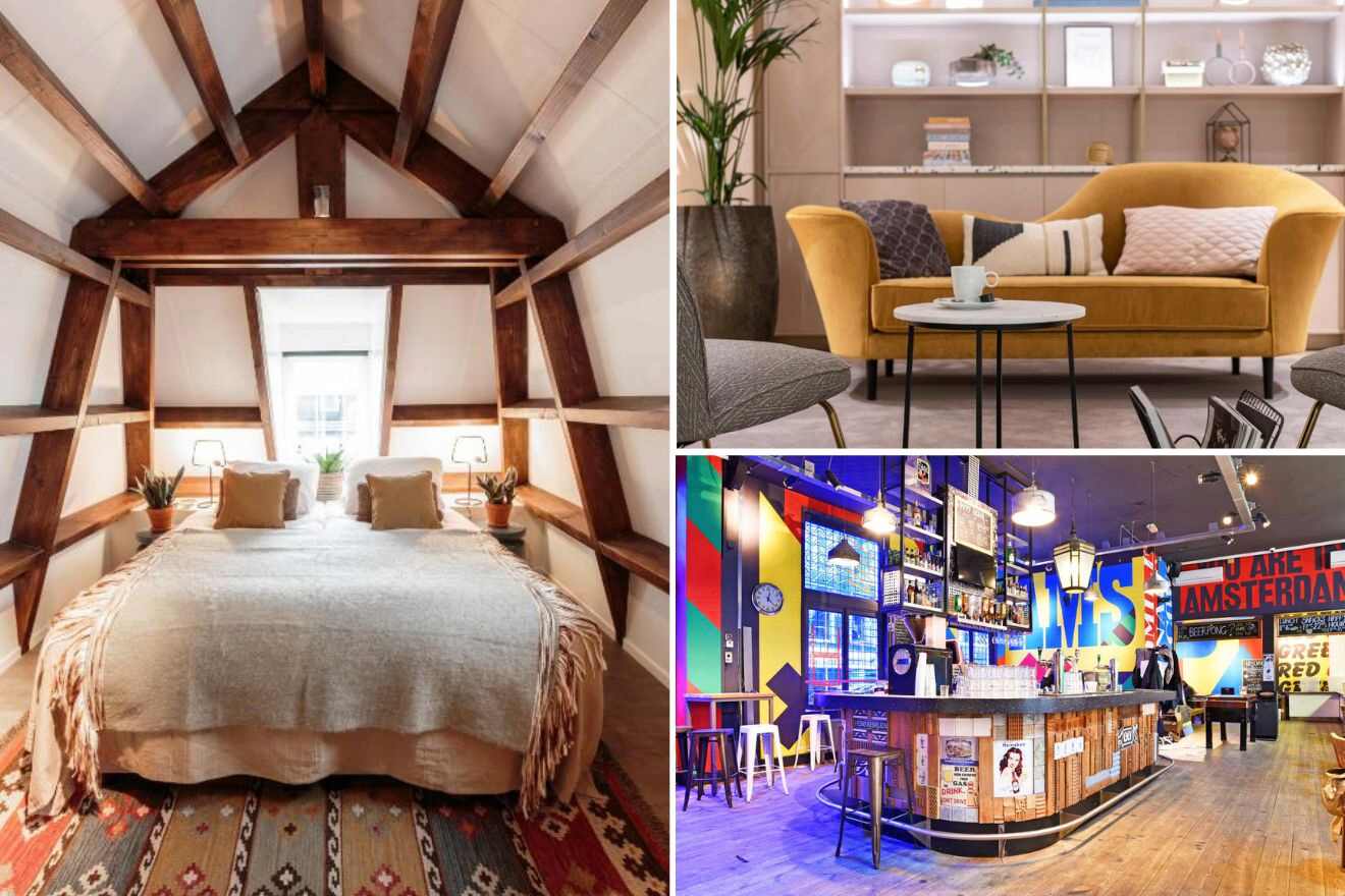 A collage of three photos of hotels to stay in Canal Belt (Grachtengordel) Amsterdam: a cozy attic bedroom with exposed wooden beams and a comfy bed, a stylish lounge area adorned with a mustard yellow velvet couch and chic décor, and a vibrant hostel bar with colorful walls, and eclectic furniture