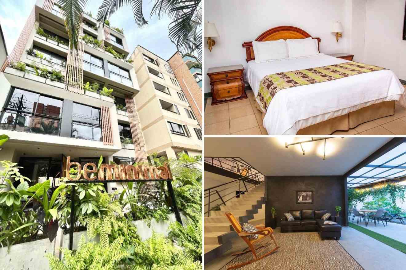 A collage of three photos of hotels to stay in Laureles, Medellin: a modern apartment building with lush greenery, a hotel bedroom with a double bed, and a living room with a sofa and a rocking chair with a dining area in the background