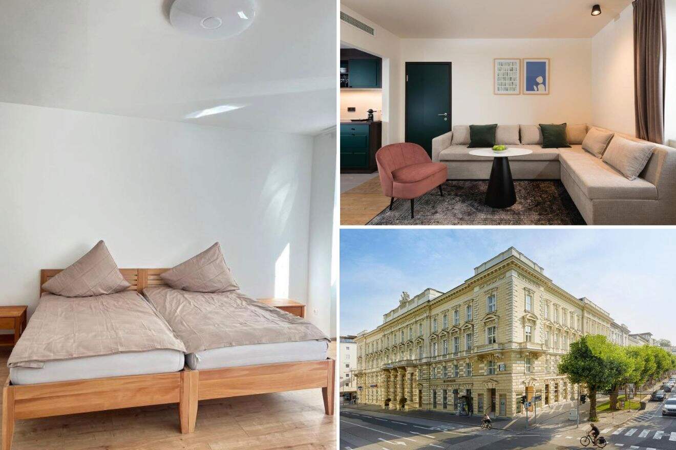 A collage of three photos of hotels to stay in Neustadt, Salzburg: a minimalist bedroom with simple wooden furniture and neutral bedding, a contemporary living space with a large L-shaped sofa and pink armchair, and a grand historic corner building with elaborate stone carvings