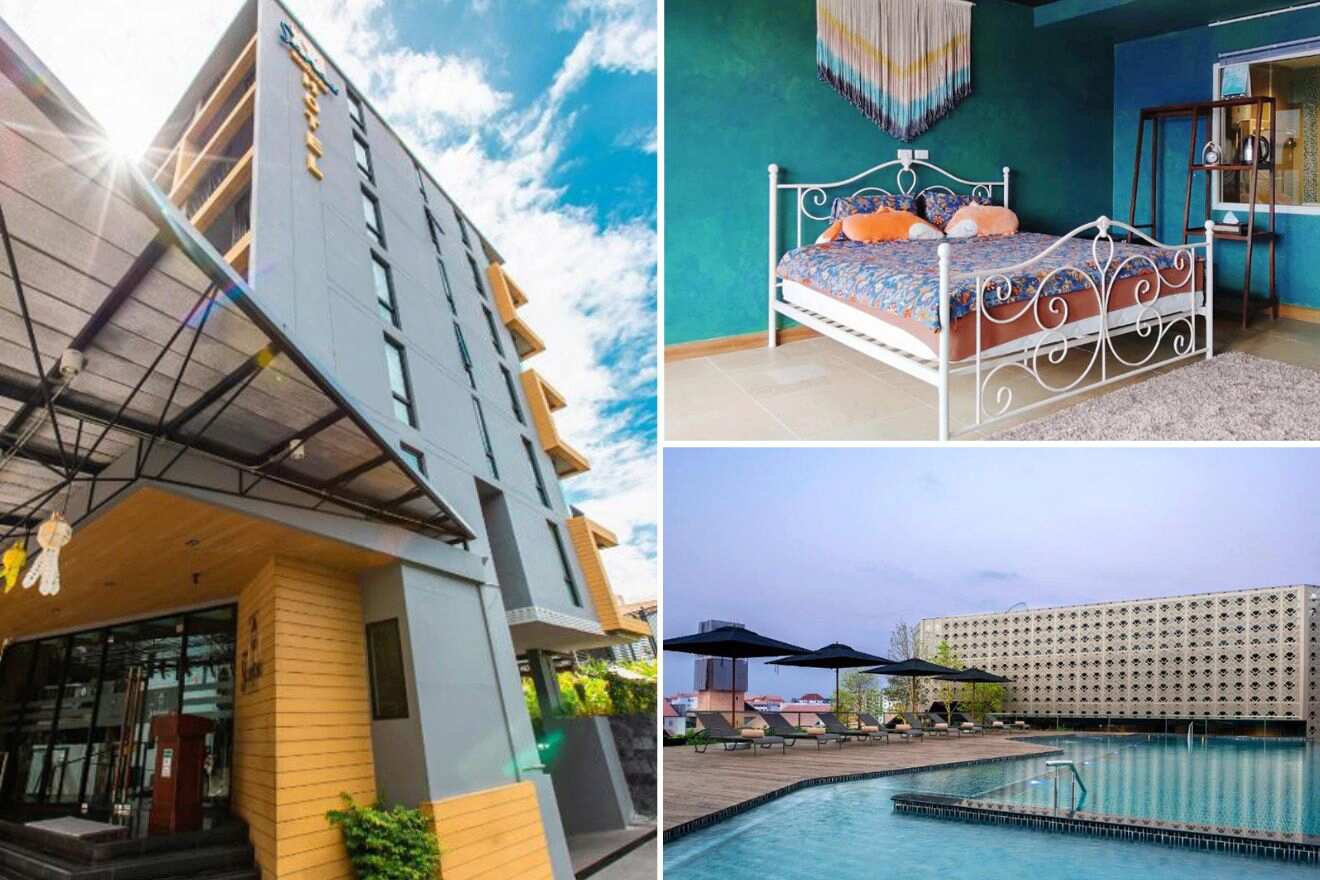 A collage of three photos of hotels to stay in Nimman (Nimmanhemin), Chiang Mai: the modern exterior of a hotel bathed in sunlight, a whimsical, brightly colored bedroom with a bohemian vibe, and a view of a tranquil hotel pool area with umbrellas