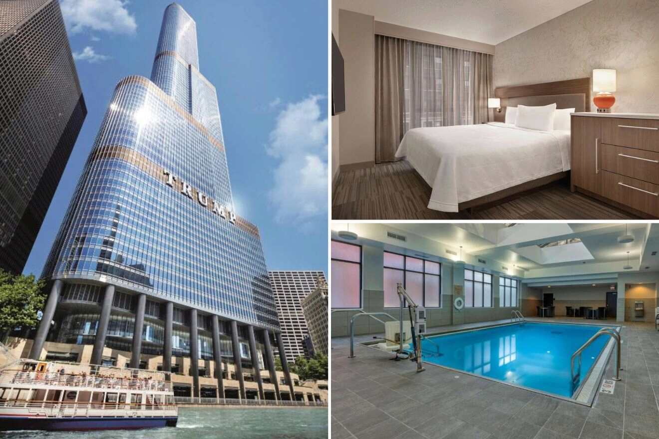 A collage of three photos of hotels to stay in River North, Chicago: the sleek exterior of the Trump International Hotel & Tower beside the river, a tidy hotel room with neutral tones, and an indoor pool area with large windows