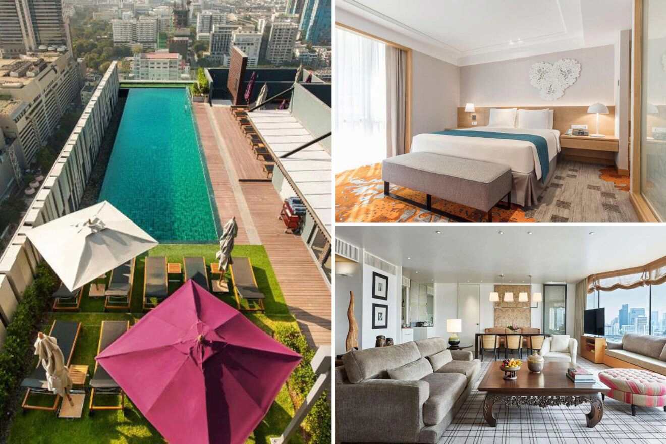 A collage of three photos of hotels to stay in Siam, Bangkok: aerial view of a rooftop swimming pool lined with sun loungers, a spacious, well-appointed hotel room with a modern aesthetic and comfortable furnishings, and a luxurious living area with large windows offering city views