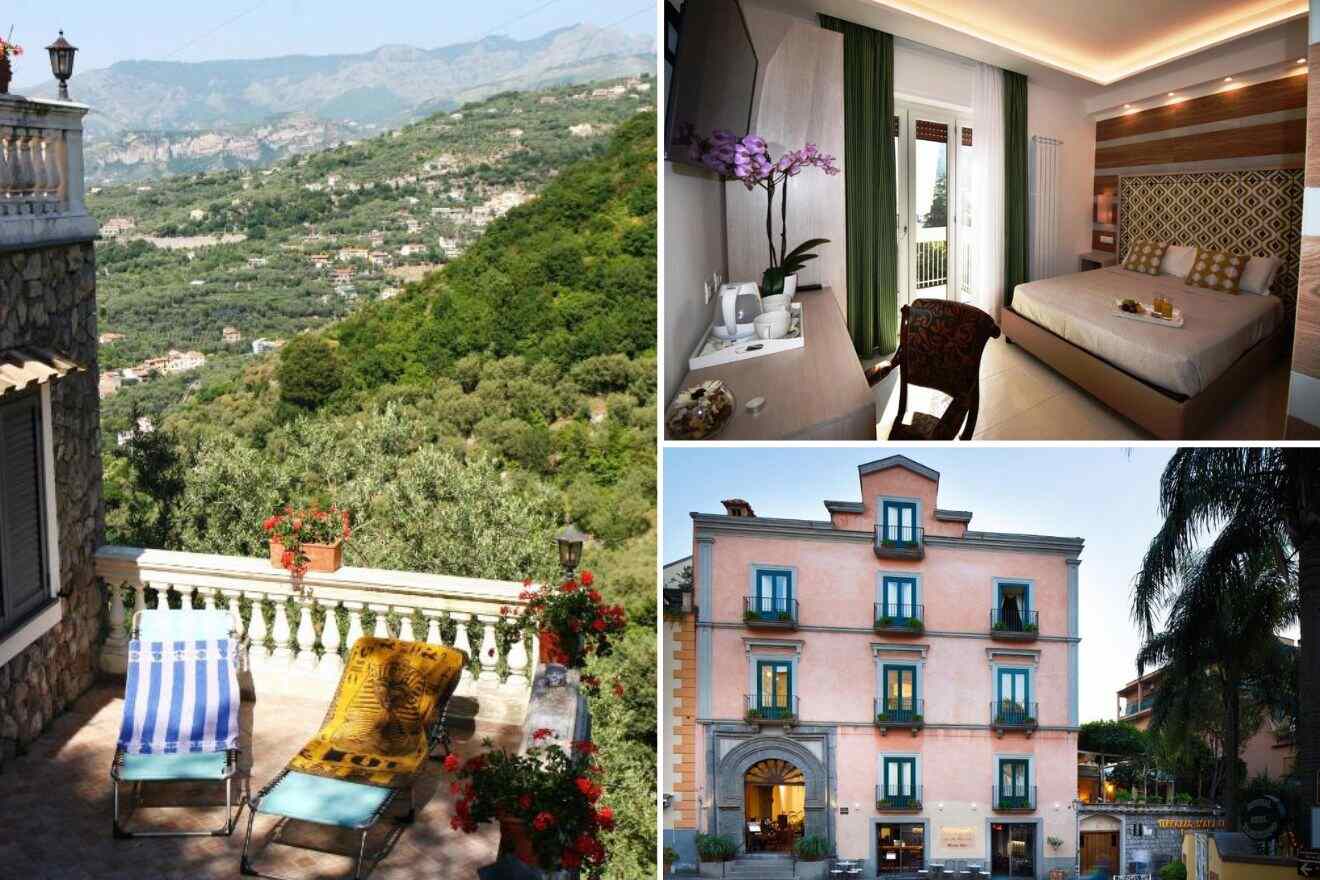 A collage of three photos of hotels to stay in Sorrento, Amalfi Coast, Italy: room balcony with lounge chairs, hotel bedroom, and hotel exterior