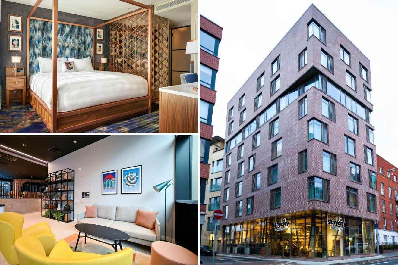 A collage of three photos of hotels to stay in Temple Bar Trinity, Dublin: an elegant four-poster bed in a room with patterned wallpaper, a sleek and colorful hotel lounge area, and a contemporary building exterior with a brick facade and large windows.