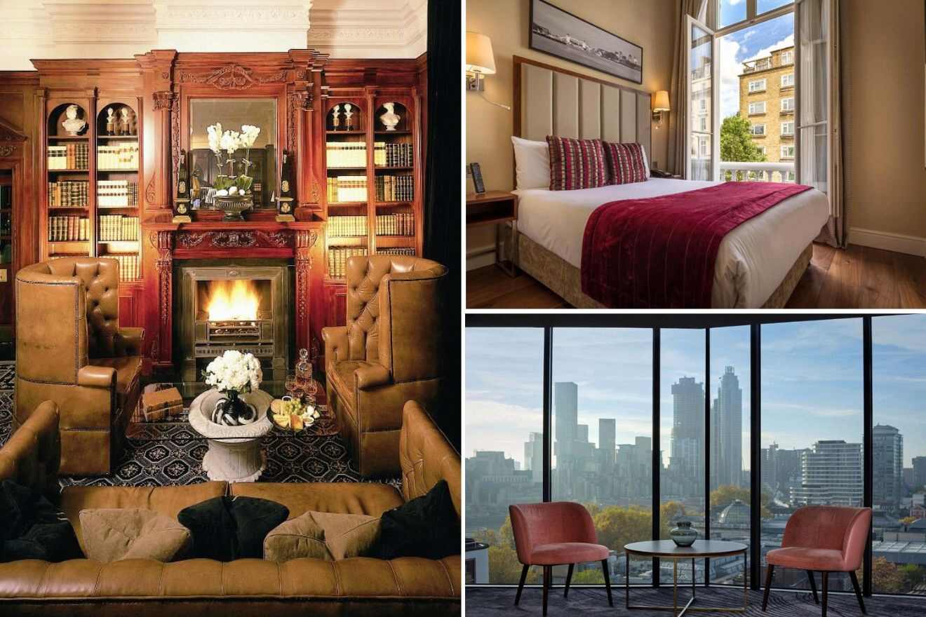 A collage of three photos of hotels to stay in Westminster & Victoria, London: a luxurious living room with leather chairs and a classic fireplace, a bedroom with a large window and a plush red throw, and a room with panoramic views of London’s skyline.