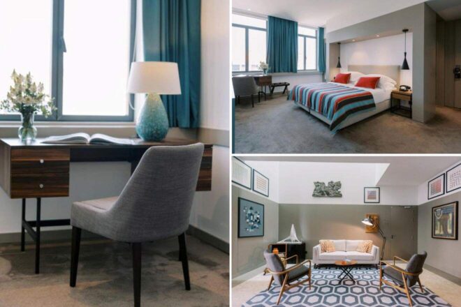A collage of three photos of hotels to stay in Porto, Portugal: an elegant work desk with a vintage-inspired blue lamp and vase, a spacious bedroom with striped bedding and modern hanging lights, and a stylish seating area with patterned rugs and mid-century chairs.