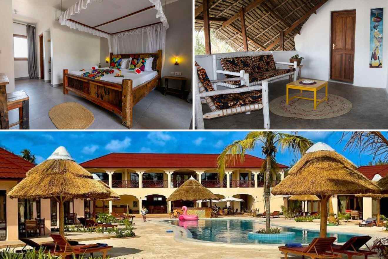 A collage of three photos of hotels to stay in Paje, Zanzibar: hotel bedroom, outdoor seating area, and hotel exterior with an outdoor pool and straw umbrellas with lounge chairs