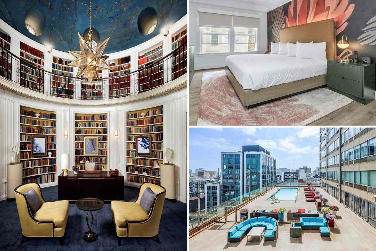 A collage of three photos of hotels to stay in Nob Hill, San Francisco for couples: including a grand library with a celestial ceiling and circular bookshelves, a modern bedroom with a large mural and city views, and an opulent rooftop terrace with a swimming pool and lounging areas.