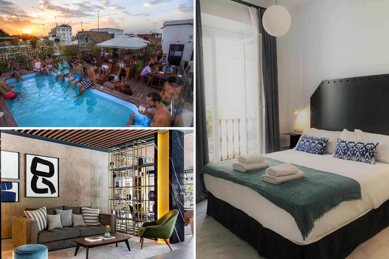 A collage of three photos of hotels to stay in Centro, Seville: a rooftop pool with guests at sunset, a stylish bedroom with modern decor, a cozy lounge area, and an elegant wine cellar