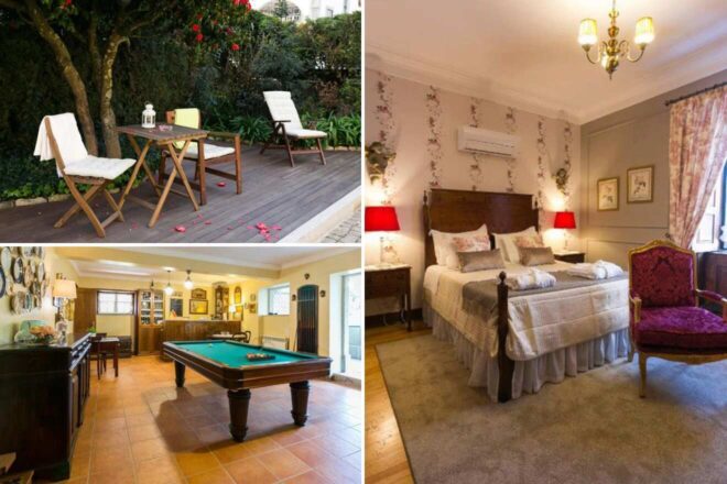 A collage of three photos of hotels to stay in Porto: a tranquil garden setting for relaxation, a traditional bedroom with floral wallpaper and vintage furniture, and an elegant billiards room for entertainment