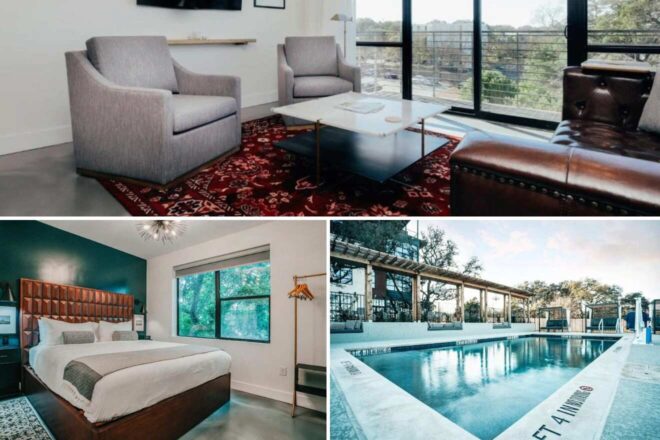 A collage of three photos of hotels to stay in South Congress, Austin, Texas: lounge area, hotel bedroom, and outdoor pool