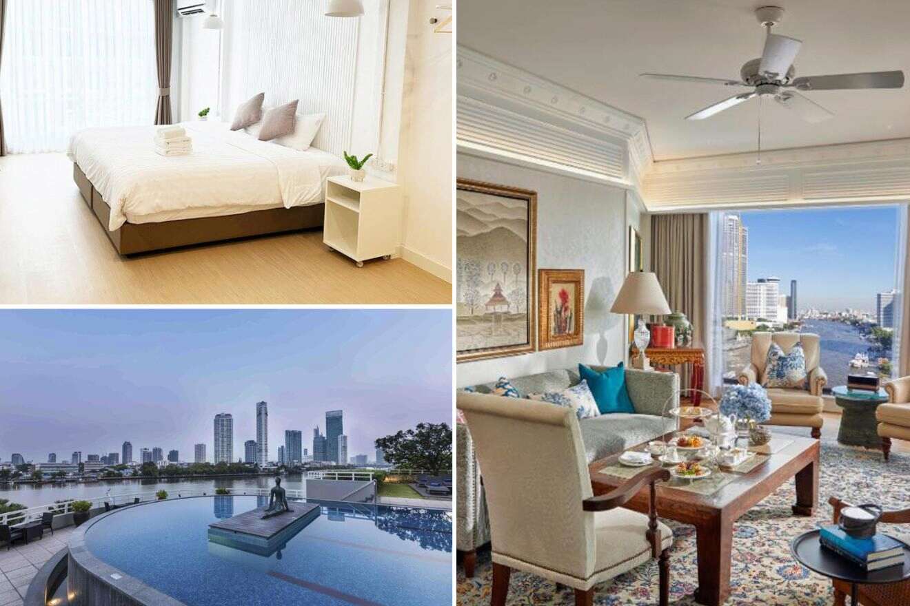 A collage of three photos of hotels to stay in Bangkok Riverside, Bangkok: a minimalist bedroom with a plush white bed, sheer curtains, and a sleek, modern design, an opulent living room with a classic decor, elegant furniture, and panoramic views of the Bangkok skyline, and a stunning infinity pool on a rooftop overlooking the cityscape