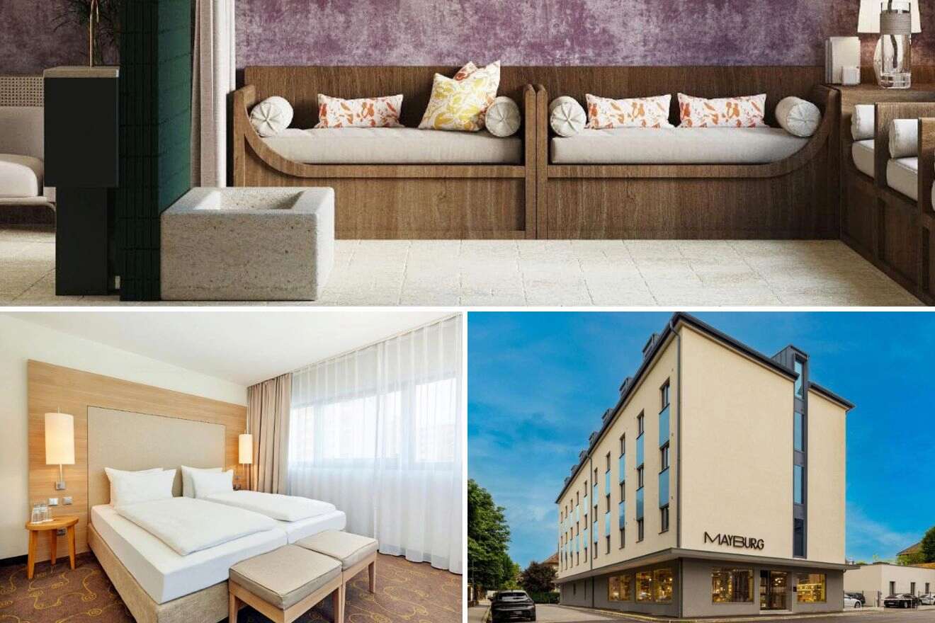 A collage of three photos of hotels to stay in Elisabeth Vorstadt, Salzburg: a cozy nook with custom wood seating and decorative cushions, a bright room with large windows and a soft white bed, and a modern hotel exterior with a unique geometric design