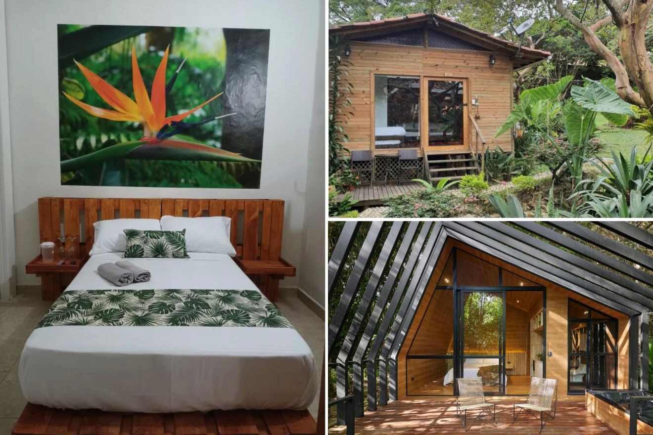 A collage of three photos of hotels to stay in Envigado, Medellin: a tropical-themed bedroom, a cozy wooden cabin surrounded by nature, and a seating area on a glass-cabin's front porch