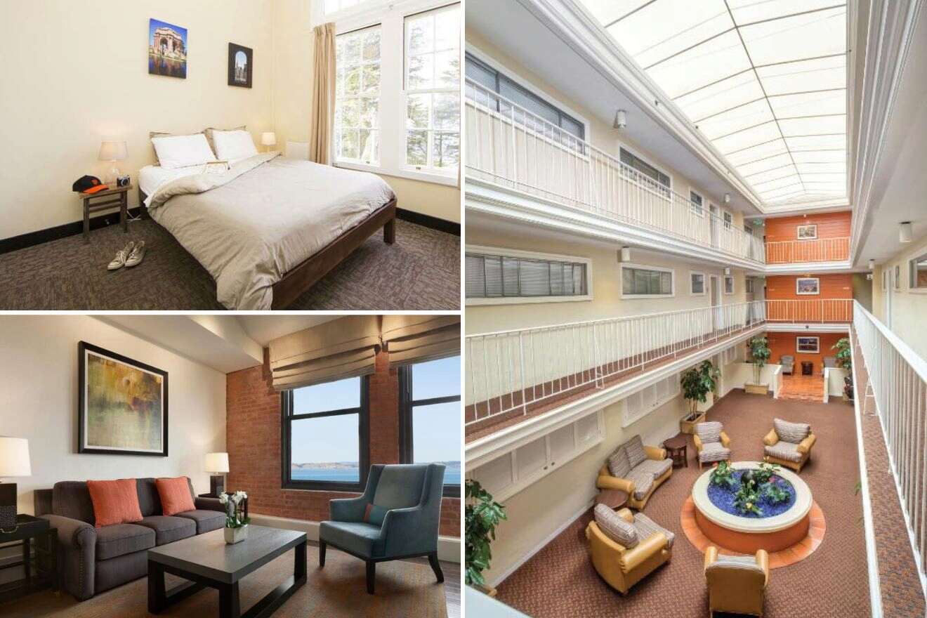 A collage of three photos of hotels to stay in Fisherman’s Wharf & North Beach, San Francisco, kid-friendly: presenting a simple and tidy bedroom with natural light, a bright and spacious atrium-like common area, and a comfortable living room with a view of the bay.