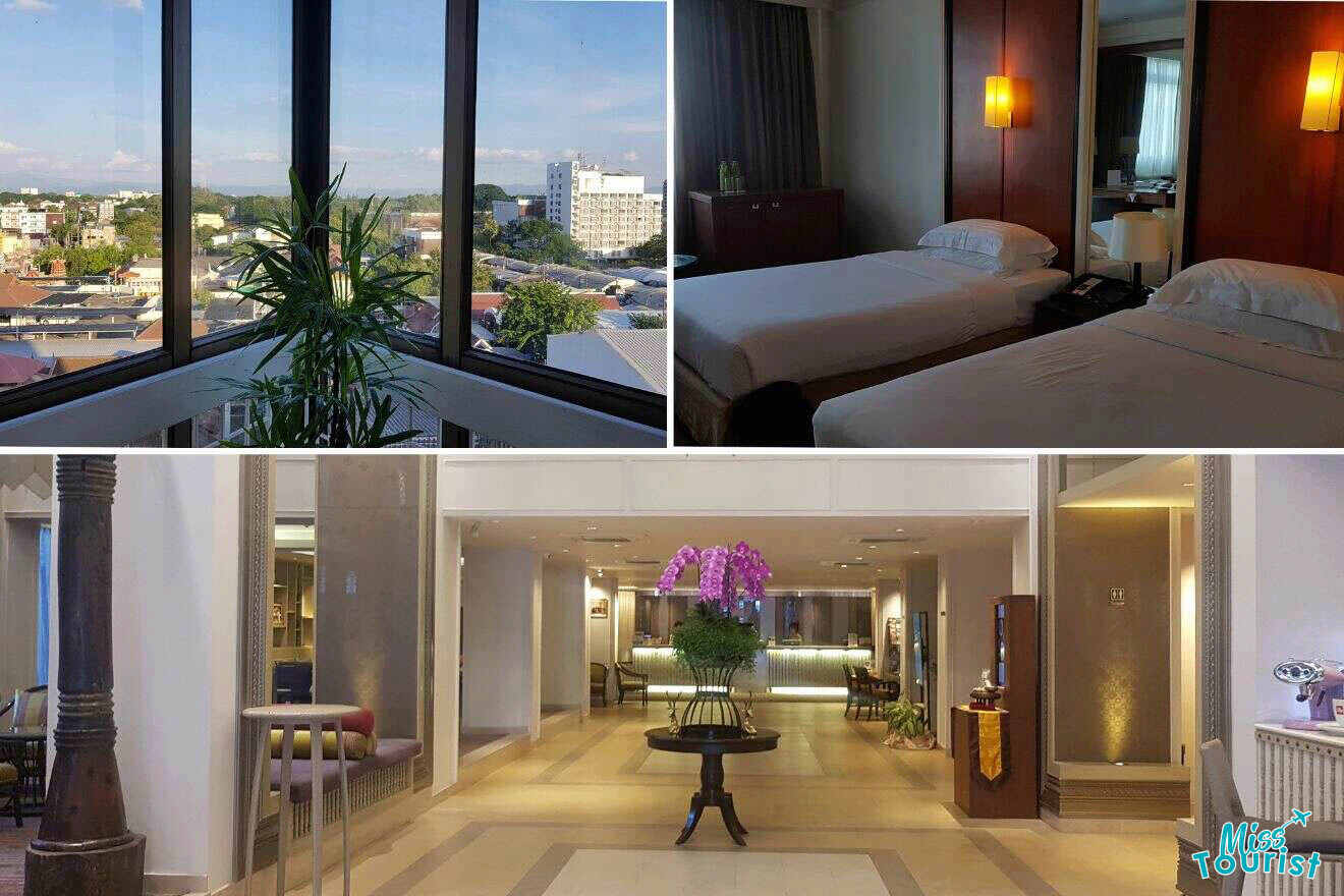 A collage of three photos of hotels to stay in Night Bazaar, Chiang Mai: a corner room with floor-to-ceiling windows offering a panoramic view of the city, a comfortable twin bedroom with soft lighting and warm tones, and a luxurious hotel lobby with elegant decor and plush seating areas