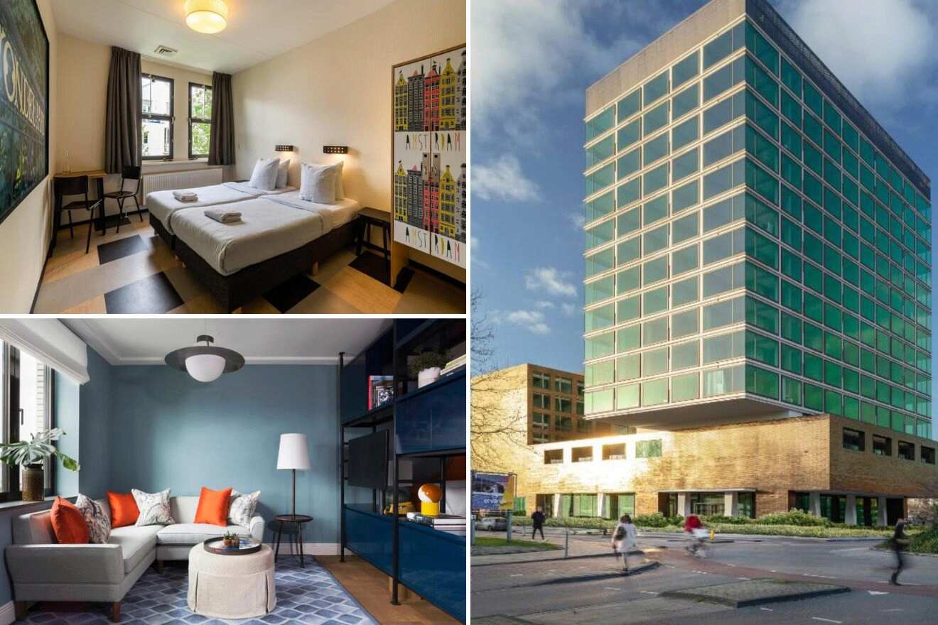 A collage of three photos of hotels to stay in Oud-Zuid/Museum District Amsterdam: a modest, well-lit hotel room with twin beds and Amsterdam-themed art, a cozy sitting area with a stylish grey sofa, vibrant cushions, and a neat coffee table, and the exterior of a modern hotel building