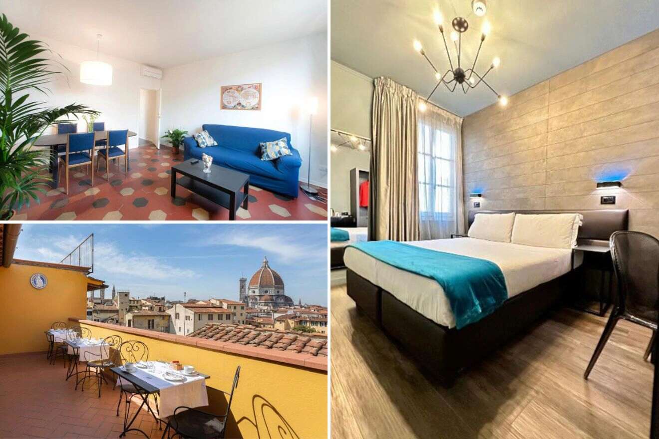 A collage of three hotel photos to stay in San Lorenzo & San Marco, Florence ideal for shopping excursions: A simple living space with blue furnishings and geometric floor tiles, a minimalist bedroom with modern lighting, and a sunny terrace offering a panoramic view of the Florence skyline