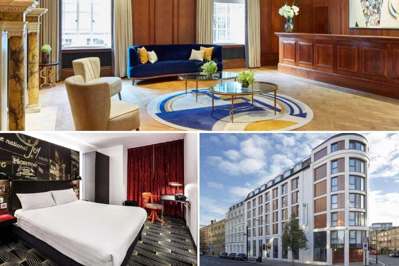 A collage of three photos of hotels to stay in South Bank & Southwark, London: a chic lounge with a blue velvet sofa and round center table, a bedroom with contemporary art and a striking red backdrop, and a modern hotel facade with distinctive architecture.