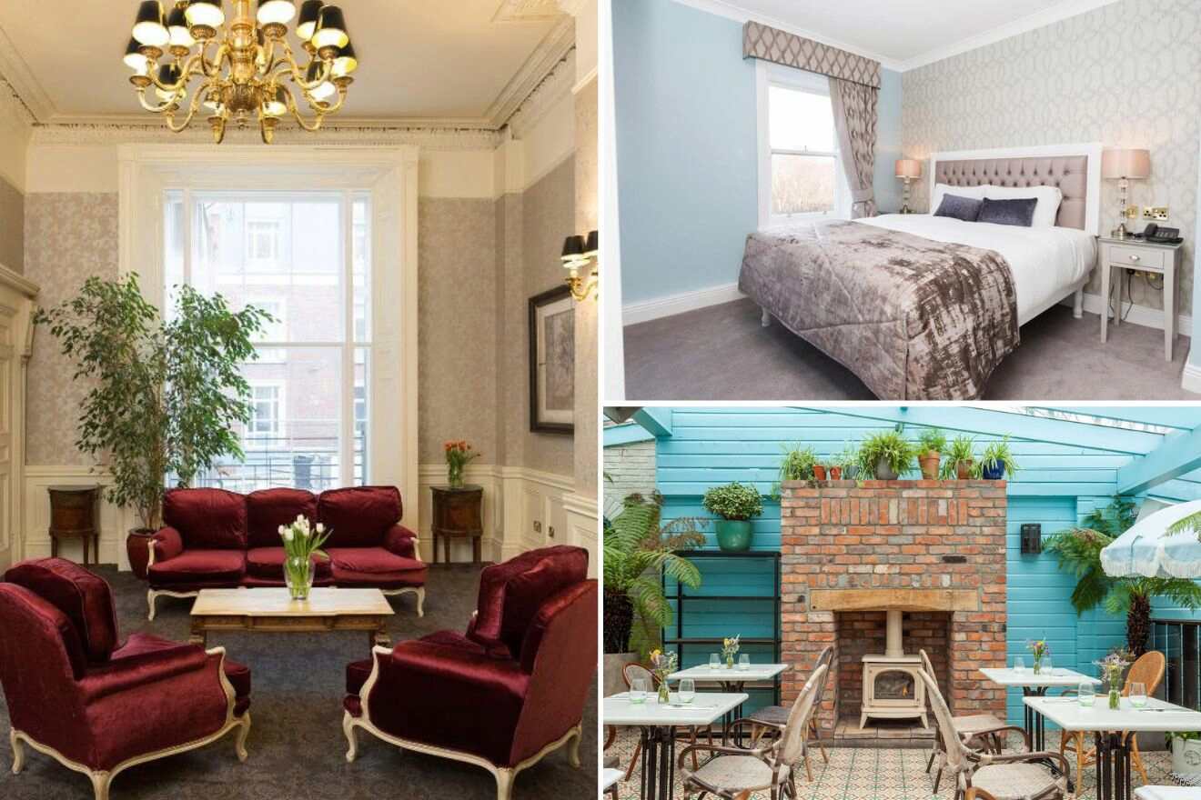 A collage of three photos of hotels to stay in Stephens Green Grafton Street, Dublin: a classical sitting room with luxurious red velvet furniture and a chandelier, a cozy bedroom with soft lighting and a plush headboard, and an inviting outdoor seating area with a fireplace and rustic brickwork