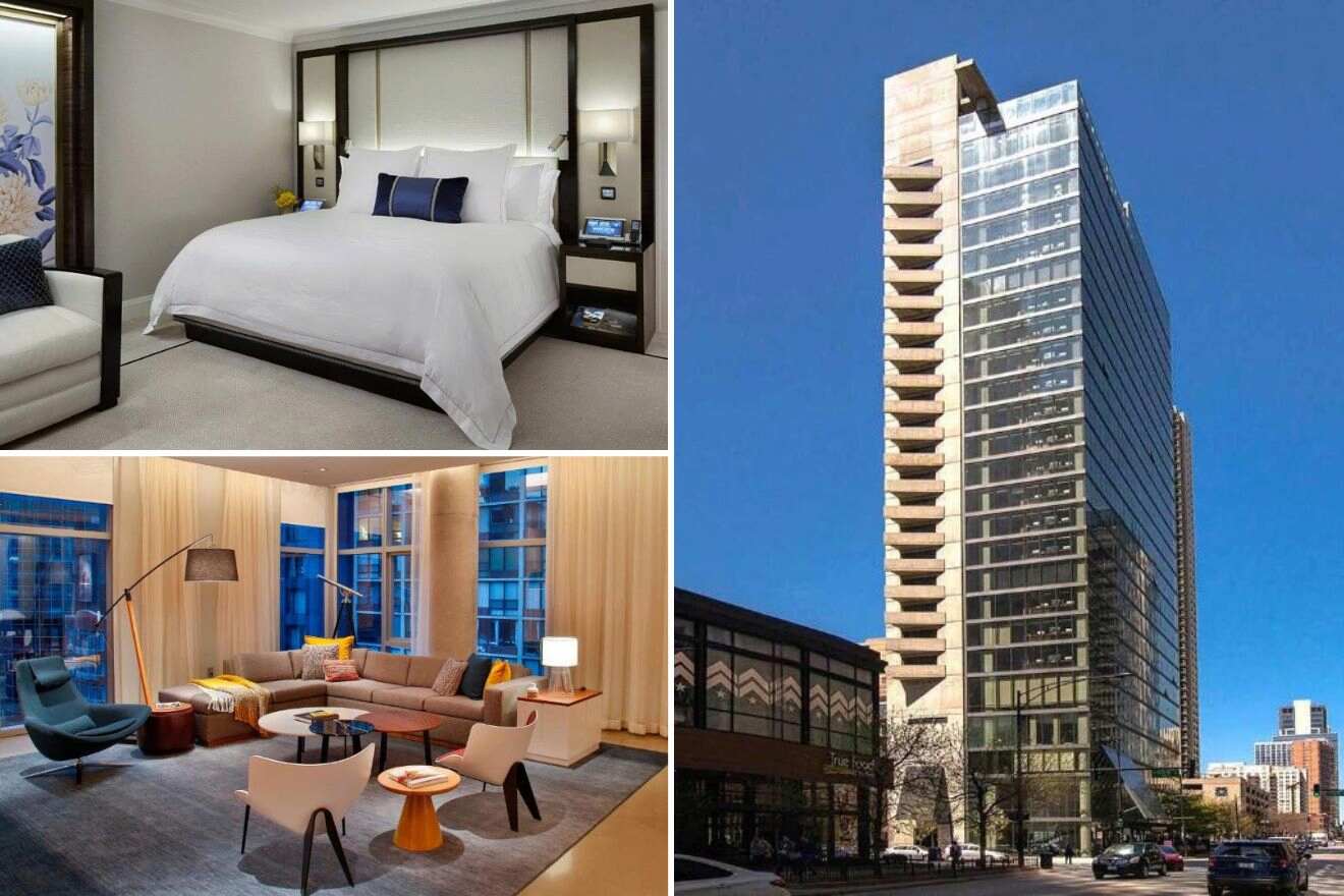 A collage of three photos of hotels to stay in Streeterville, or Magnificent Mile, Chicago: An inviting hotel room with a king-sized bed and a textured headboard, a chic lounge area with a sectional sofa and a large window, and the modern, glassy façade of a high-rise hotel building set against the blue sky