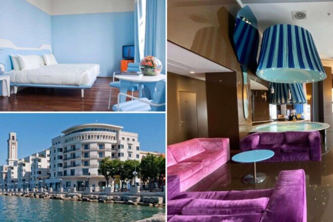 A collage of three pictures of JR Hotel Grande in Bari: a bright room with sky-blue walls and minimalist furniture, a trendy lobby with unique oversized lampshades and plush purple sofas, and the hotel's grand circular architecture viewed from the seaside promenade.