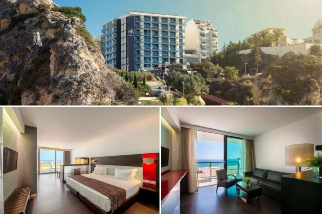 A collage of three photos of hotels to stay in Algarve: the Algarve coastline with a hotel perched on the edge, a simple hotel bedroom with a large king bed and a balcony with a view, and an in-room hotel living area with a sofa and armchair and a balcony overlooking the beach and ocean