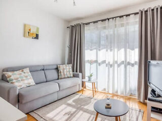 A bright living room with a grey sofa, patterned cushions, and sheer curtains