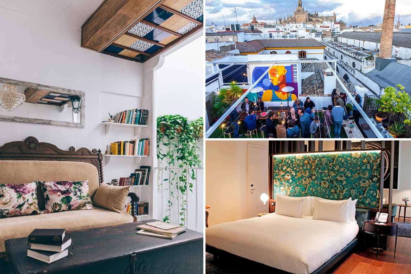 A collage of three photos of hotels to stay in El Arenal, Seville: An intimate reading nook with a vintage sofa and bookshelves, a lively rooftop gathering with a mural, and a romantic bedroom with a floral headboard