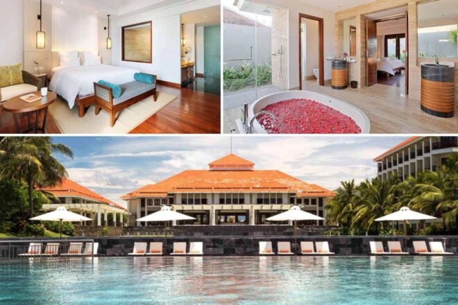 A collage of three photos in Bac My An: A cozy, well-appointed room, a luxurious bathroom with a petal-filled tub, and the resort's expansive pool area with shaded sun loungers