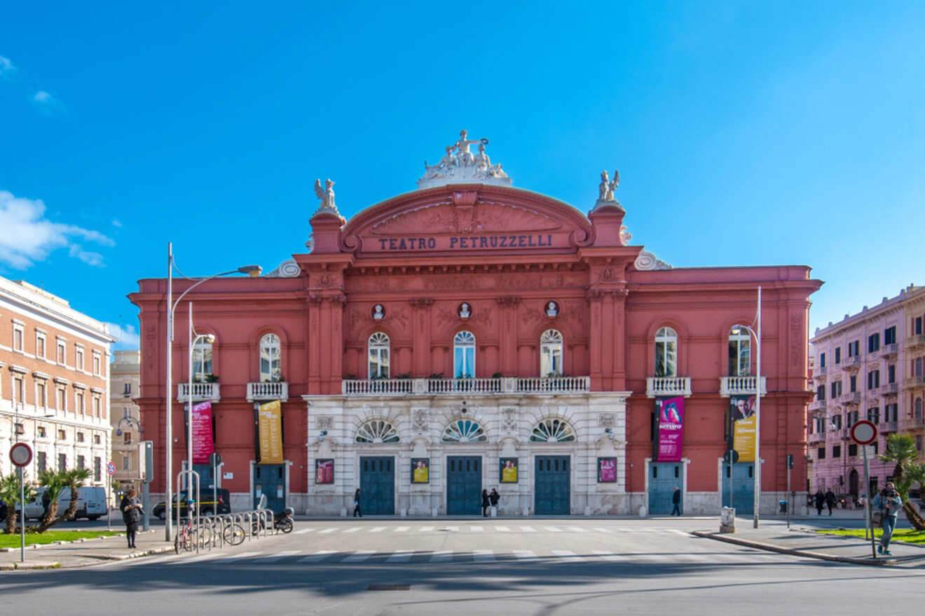 Teatro Petruzzelli, the famous opera house in Bari, Italy, with its classic red façade and grand entrance
