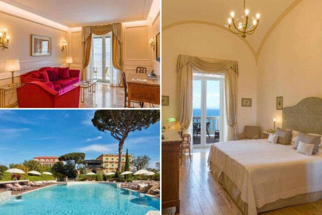 A collage of three photos from Grand Hotel Excelsior Vittoria: A luxurious living room with a plush red sofa and balcony doors opening to the sea, a tranquil pool surrounded by umbrellas and a well-manicured garden, and a bright bedroom with a balcony overlooking the azure waters