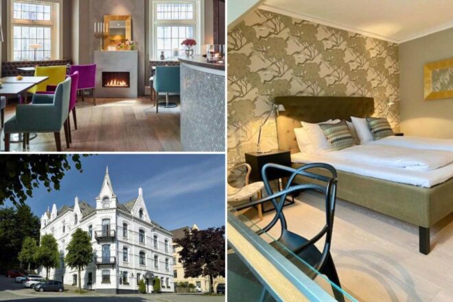 A collage of three photos of hotels to stay in Bergen: hotel lounge area with a fireplace, hotel exterior, and hotel bedroom with a double bed