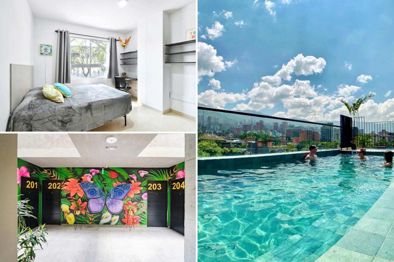 A collage of three photos of hotels to stay in Belen, Medellin: a modern bedroom with city views, a vibrant mural in a hallway, and a rooftop pool overlooking the Medellín skyline
