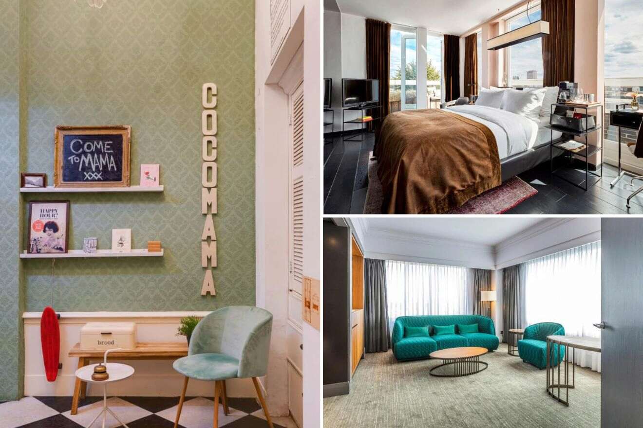 A collage of three photos of hotels to stay in De Pijp, Amsterdam: a quirky wall décor with a playful message and a vintage-style chair, a modern bedroom with floor-to-ceiling windows, and a spacious living area with a plush teal sofa and armchair, set against large, bright windows.