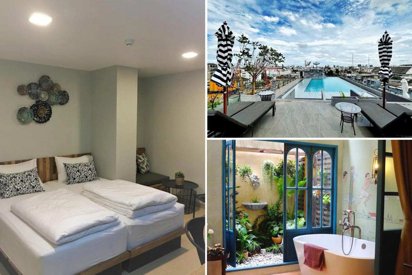 A collage of three photos of hotels to stay in Khao San, Bangkok: a simple, clean bedroom with two beds featuring black and white patterned bedding and a modern metal wall art, an appealing rooftop pool area with striped sun umbrellas, and a charming bathroom with a freestanding bathtub adjacent to a glass door that opens to a private garden