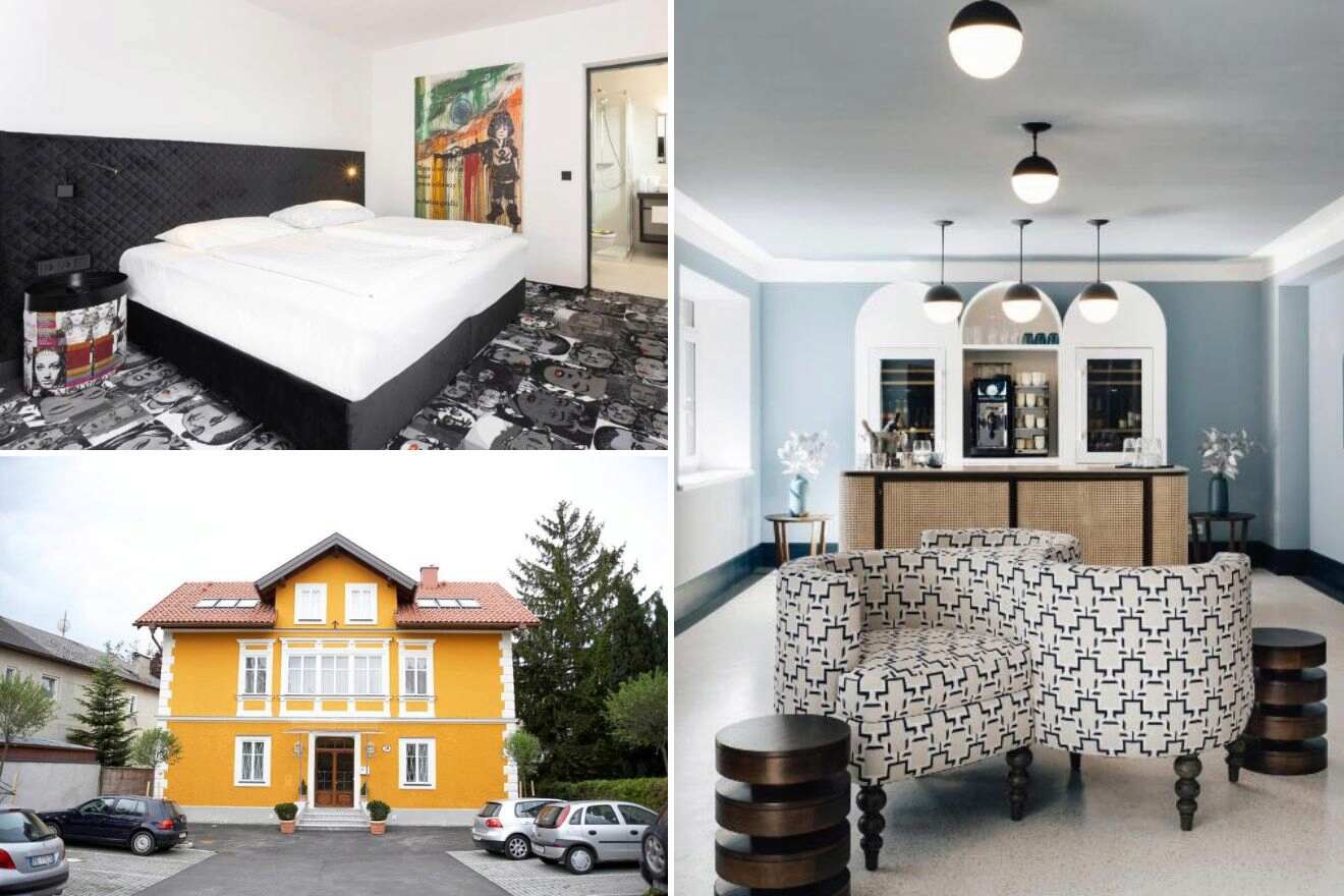 A collage of three photos of hotels to stay in Maxglan, Salzburg: a room with edgy pop-art decor and a large bed, a lounge with patterned furniture and blue walls, and a warm yellow hotel exterior with a welcoming entrance