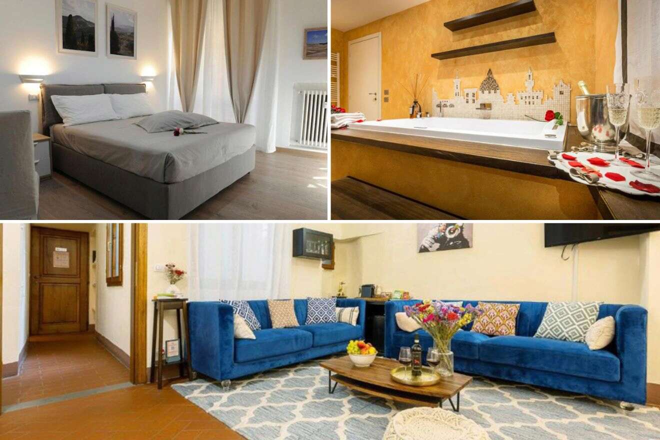 A collage of three hotel photos to stay in Oltrarno and Santo Spirito, Florence with flexible booking policies: A serene bedroom with neutral tones and modern decor, a luxurious bathtub set against a mosaic of city landmarks, and a cozy living area with bold blue sofas and eclectic accents.