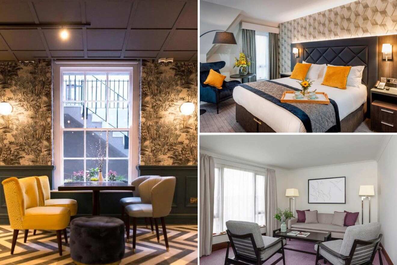 A collage of three photos of hotels to stay in Portobello, Dublin: an inviting dining area with plush chairs and a botanical wallpaper, a cozy bedroom with a dark headboard and vibrant yellow pillows, and a bright living room with chic furniture and elegant decor